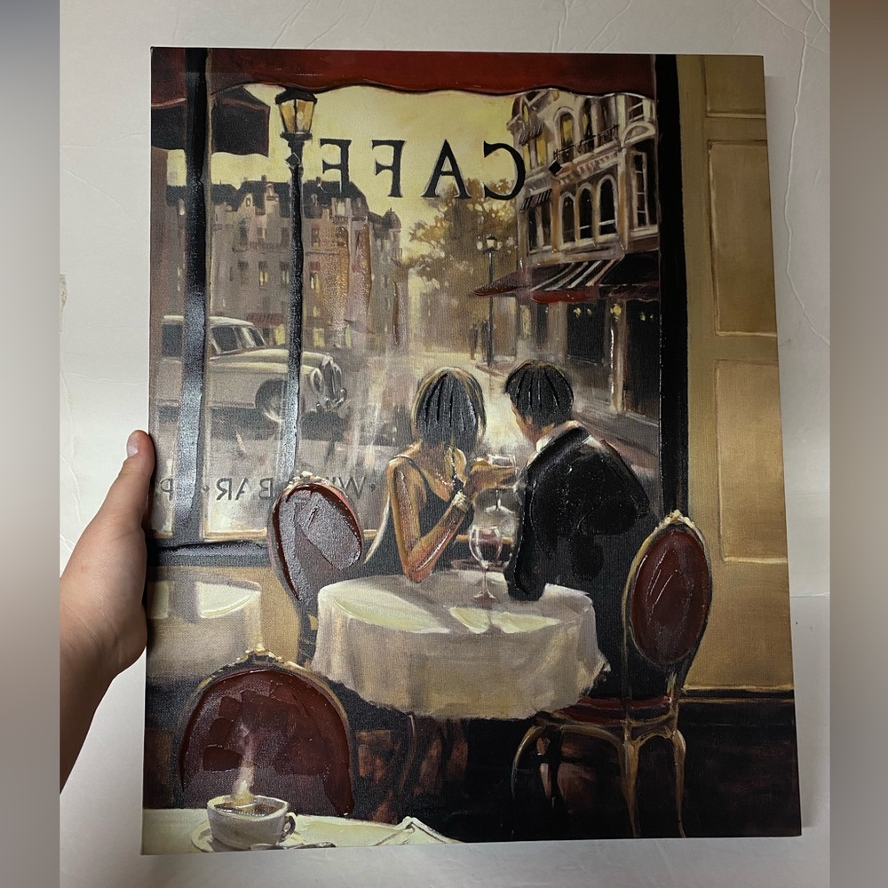 Cafe Couple Stretched Canvas Print Wall Art - Picture 2 of 15